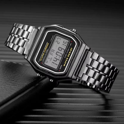 LED electronic watch with steel strip, small square, Harajuku style multifunctional watch