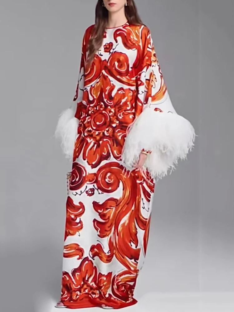 Design Retro Geometric Print Spliced Feather Long Sleeve Dress 2026 Autumn Women's Clothing Loose Straight Skirt + Silk Scarf