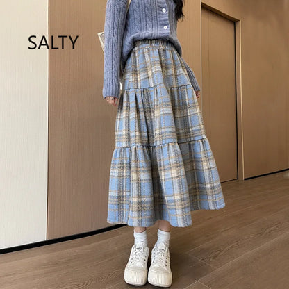 Sweet Vintage High Waist A- Line Plaid Woolen Skirt Women Autumn Winter Midi Length Skirt Woman Comfortable Casual Style