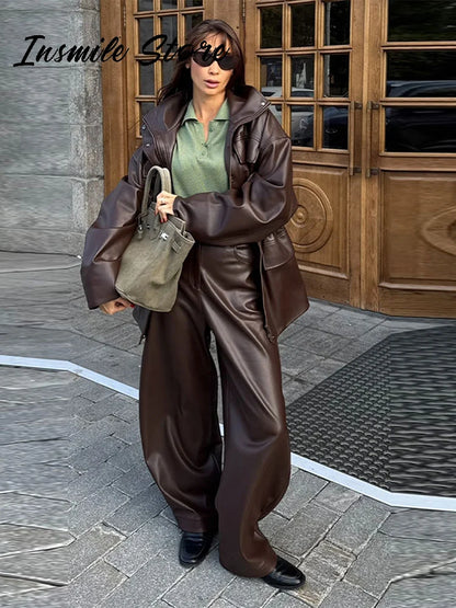 Street Waist Cinched Women's Leather Jacket Vintage Drawstring Stand Neck Zipper Pocket Jackets 2026 Autumn Moto Biker Outwear
