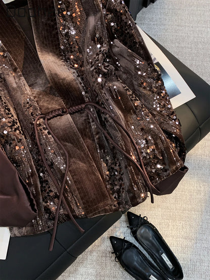 New Chinese Style Heavy Sequin Velvet Button Coat for Women Elegant V-Neck Slim Loose Slim Trendy High-End Coat Female