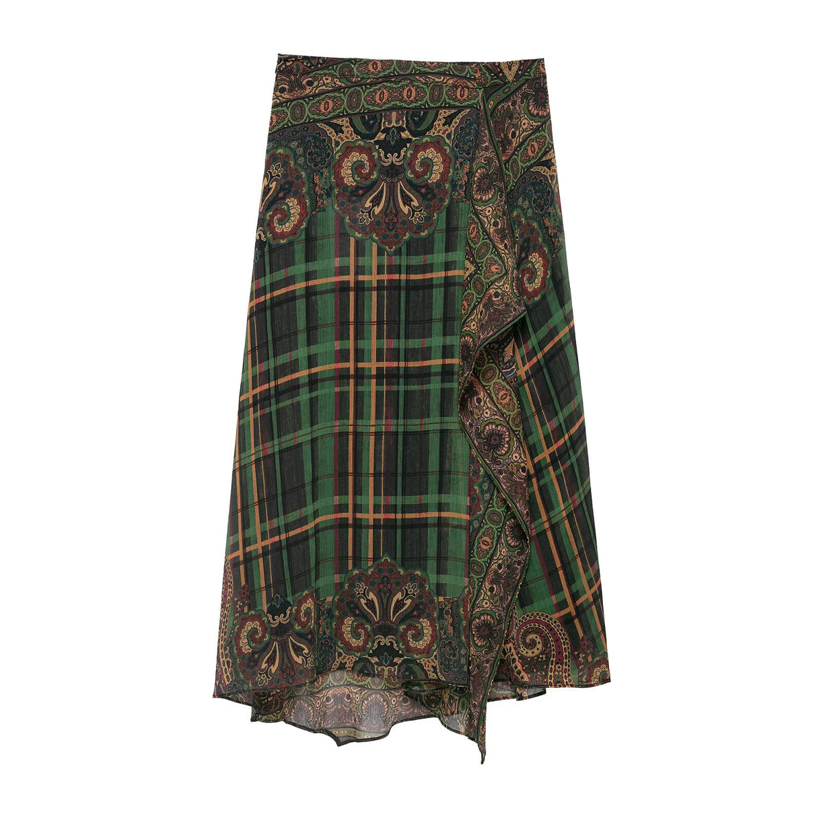 Winter new fashionable long sleeved round neck layered decorative printed shirt asymmetrical hem MIDI skirt set