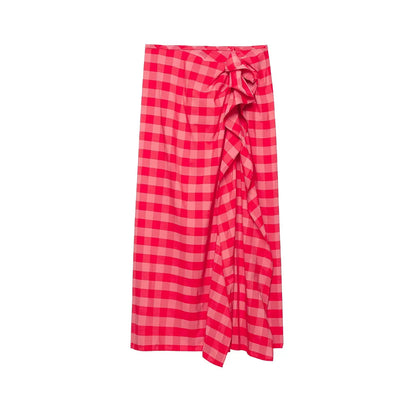 HH Elegant Summer Red Plaid Midi Skirt For Women Chic High Waist Stacked Ruffle Decoration Midi Skirt Female Party Wear