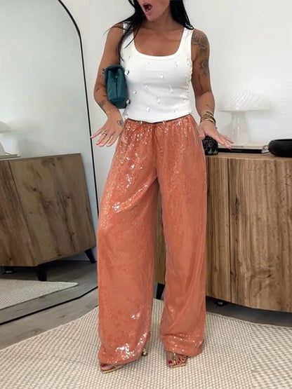 Y2K Sequin Lace Up Pants Women Elastic Low Waist Wide Leg Trousers Female 2026 Spring Summer Lady Shiny Party Clubwear Street