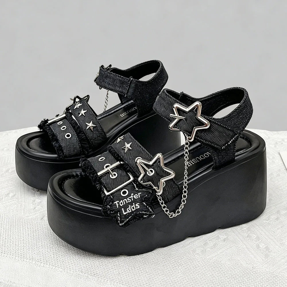 2026 Summer Women's Gothic Chunky Platform Wedges Sandals Chain Street Cool Slide Sandals Women Shoes Walking Comfy
