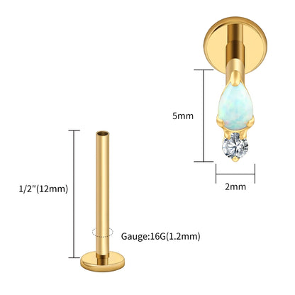 Right Grand ASTM F136 Titanium Teardrop Opal Cartilage Earring 16G Tiny Round CZ Forward Helix Labret Stud Piercing Jewelry