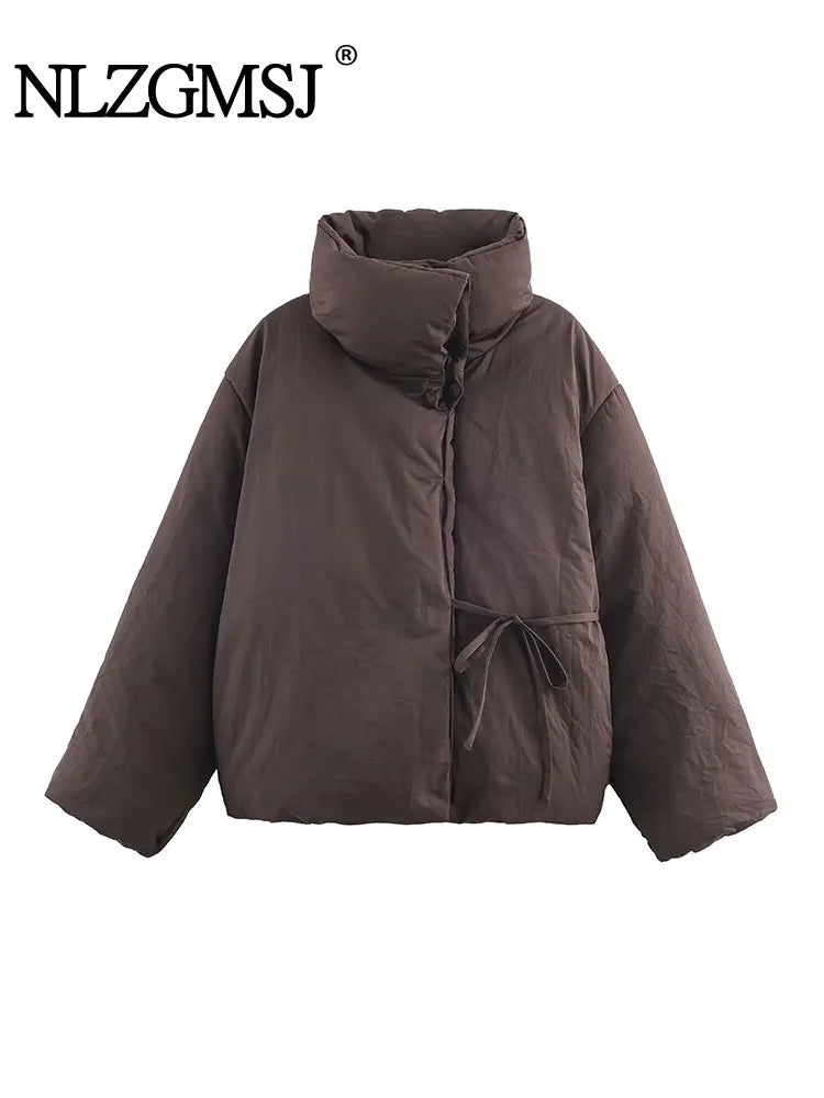 Nlzgmsj 2025 Winter Vintage Loose Women Jacket Lace-Up Stand Collar Long Sleeve Casual Street warm Parka Outerwear Y2k