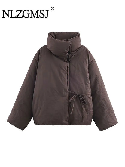 Nlzgmsj 2025 Winter Vintage Loose Women Jacket Lace-Up Stand Collar Long Sleeve Casual Street warm Parka Outerwear Y2k