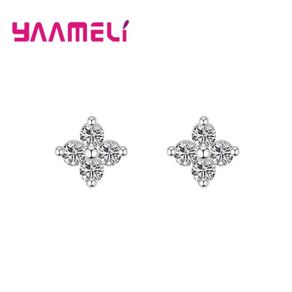 100% Real 925 Sterling Silver Color Clover Stud Earrings Bright Zircon Earrings For Women Girl Fashion Trendy Jewelry