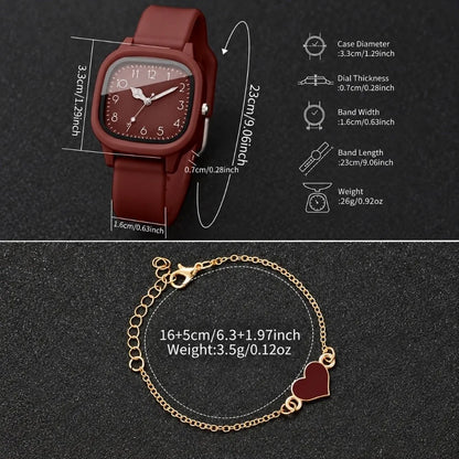 2PCS/Set Square Dial Women Quartz Watch Silicone Strap Quartz Movement Women Watch Heart Bracelet Arabic Dial Watch Women Girl