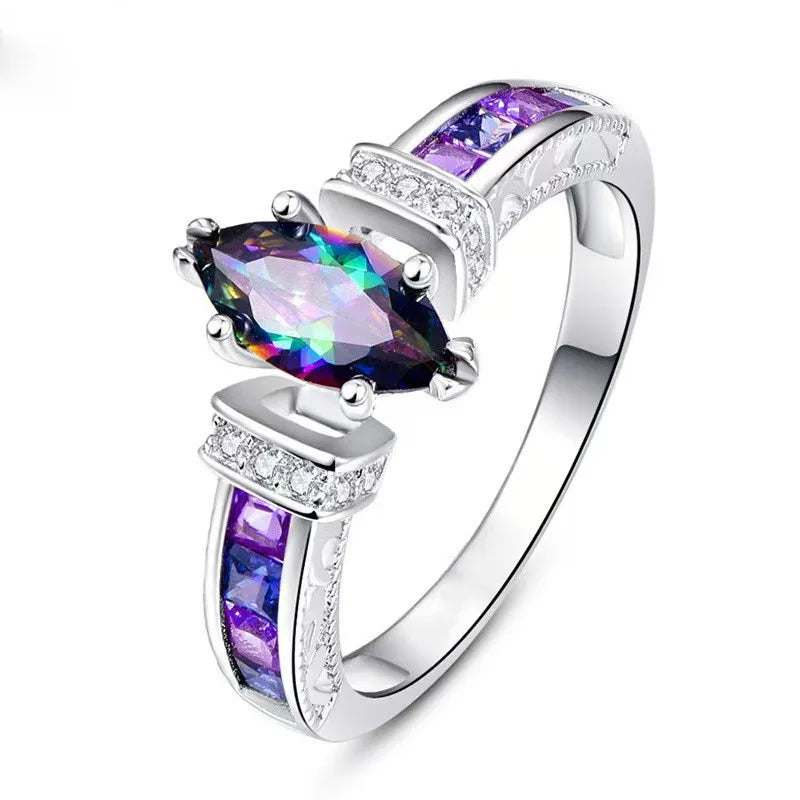 European and American exquisite, multi-colored, oval zirconia ring for women, stylish and trendy.