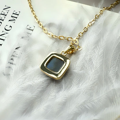 ITSMOS Natural Labradorite Square Pendant Necklace Simple Cube Stone 14k Gold Plated Chain Elegant Jewelry for Women Romatic