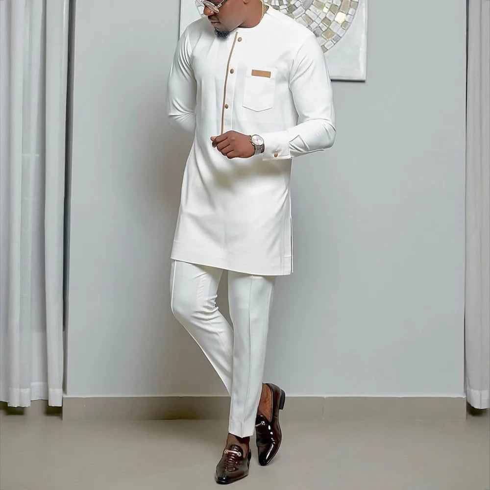2025 African Men Dashiki Long Sleeve 2 Piece Set Traditional Outfit Africa Clothing White Men's Suit Male Shirt Pants Suits