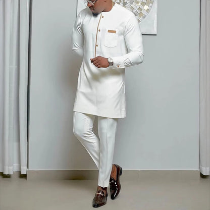 2025 African Men Dashiki Long Sleeve 2 Piece Set Traditional Outfit Africa Clothing White Men's Suit Male Shirt Pants Suits