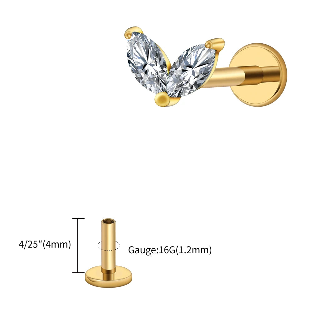 Right Grand ASTM F136 Titanium Tiny Double Marquise CZ Labret Stud Earring 16G Heart CZ Cartilage Helix Tragus Conch Piercing