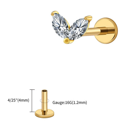 Right Grand ASTM F136 Titanium Tiny Double Marquise CZ Labret Stud Earring 16G Heart CZ Cartilage Helix Tragus Conch Piercing