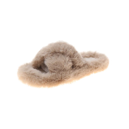 Fashion One Word Thick Fur Slippers Double Fur Slippers Casual Home Cotton Shoes for Women Flat Plush Cross Straps Slippers2025
