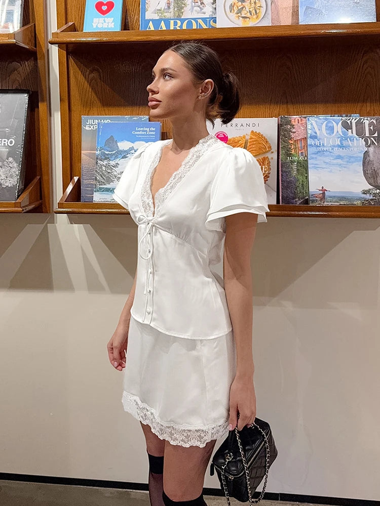 Elegant Lace Patchwork Satin 2 Piece Set Women Solid V-Neck Short Sleeve Top Mini Skirt Suit 2026 Summer Casual Daily Streetwear
