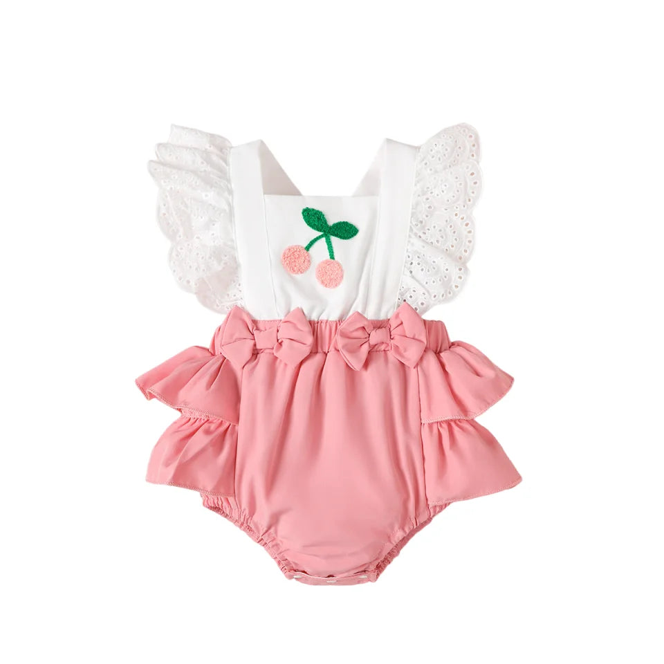 0-18M Baby Girl Bodysuit Set Summer 2PCS Cherry Outfit Lace Ruffle Sling Romper+Red Bow Headband Newborn Infant Clothing Outfits