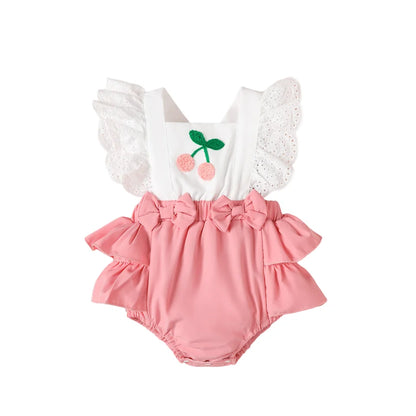 0-18M Baby Girl Bodysuit Set Summer 2PCS Cherry Outfit Lace Ruffle Sling Romper+Red Bow Headband Newborn Infant Clothing Outfits