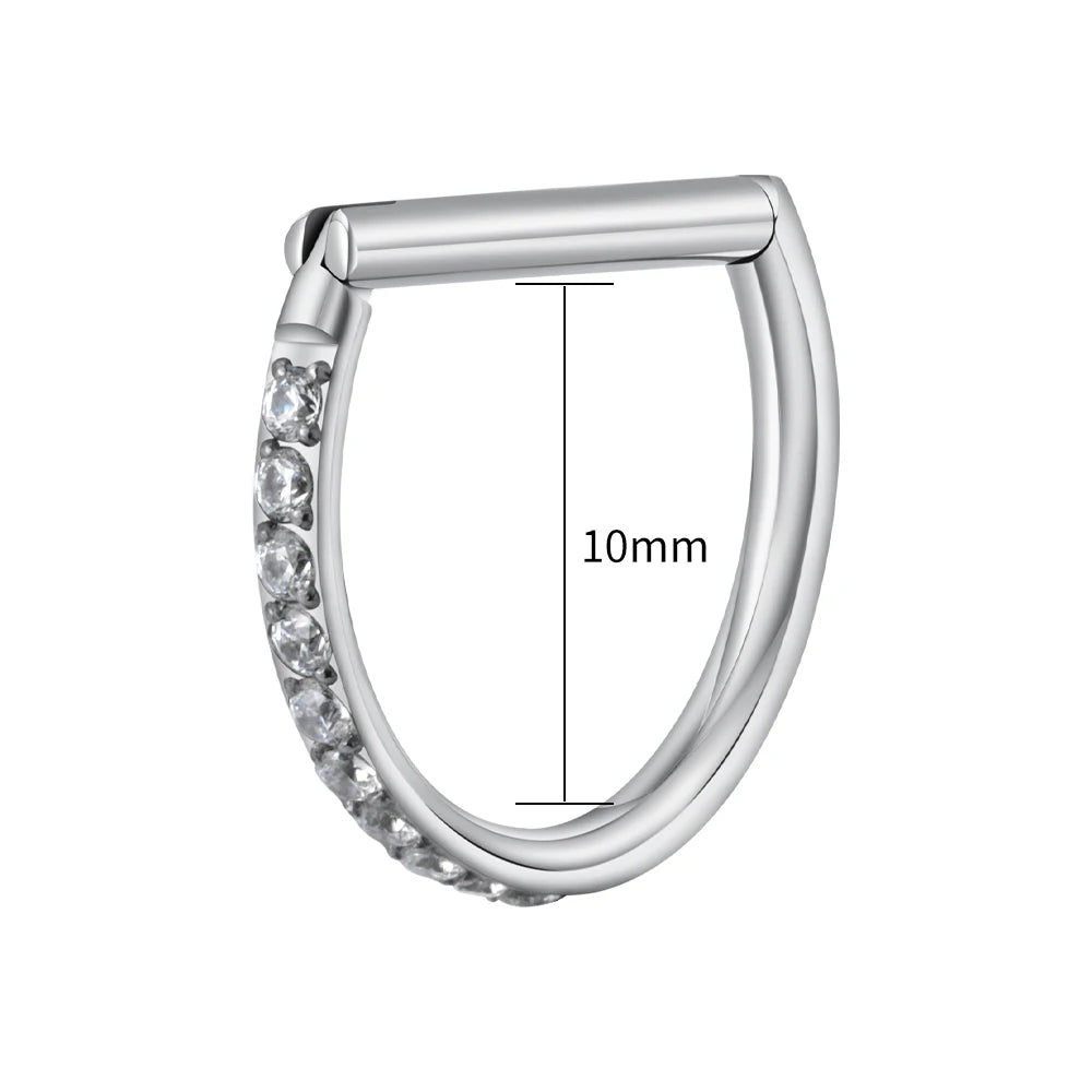 Right Grand ASTM F136 Titanium D Shape Septum Ring with CZ 16G Hinged Segment Clicker Hoop Conch Helix Piercing Body Jewelry