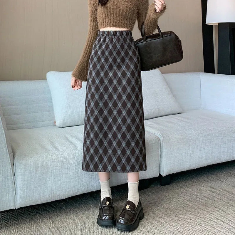 Women Plaid Skirt High Waisted Elastic A Line Midi Length Skirts for Woman Korean Style Fashion Retro Versatile Slit Long Skirts