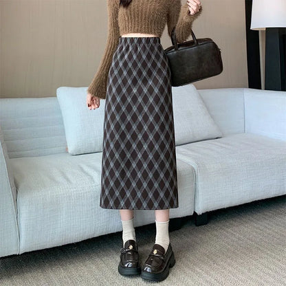 Women Plaid Skirt High Waisted Elastic A Line Midi Length Skirts for Woman Korean Style Fashion Retro Versatile Slit Long Skirts