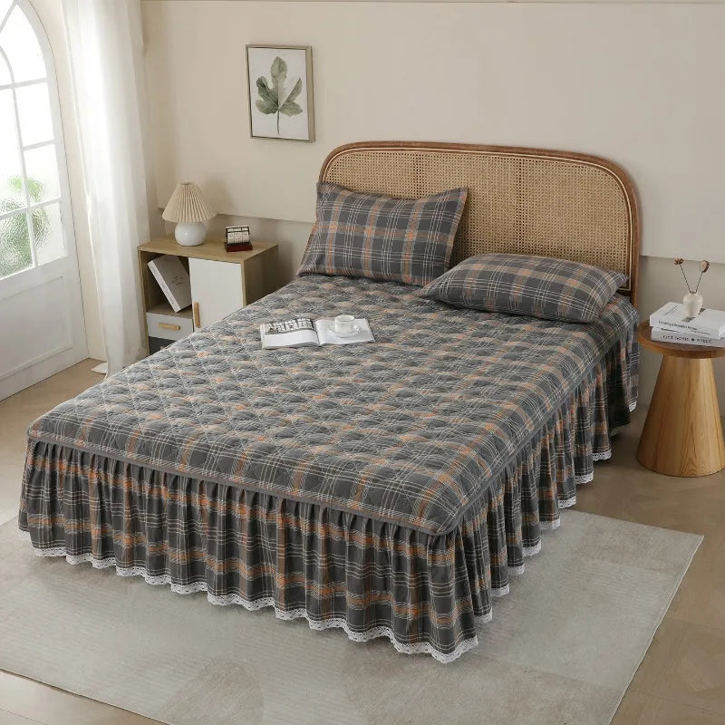 Cotton yarn-dyed padded bed skirt thickened and non-slip single-piece version dust-proof plaid printing, no pillowcase