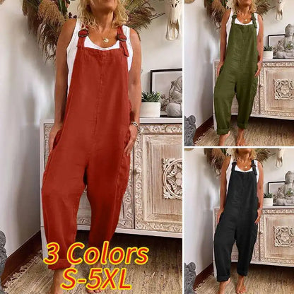 Women Cotton Linen Pocket Jumpsuits Summer Female Sleeveless Wide Leg Loose Overalls JYFS-3255