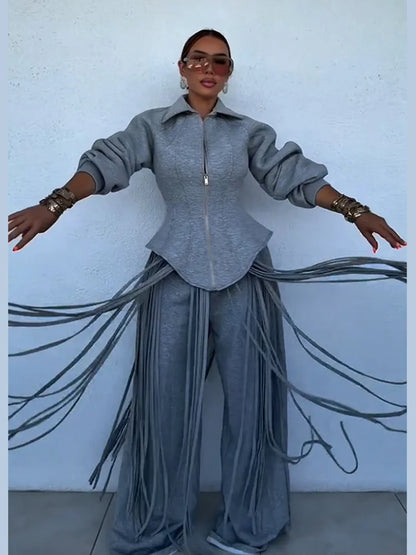 Fashion Tassels Hem Women's Coat Trouser Suit Long Sleeve Waist-Closed Turn-Down Collar Wide Leg Pant 2026 Autumn Chic Lady Set