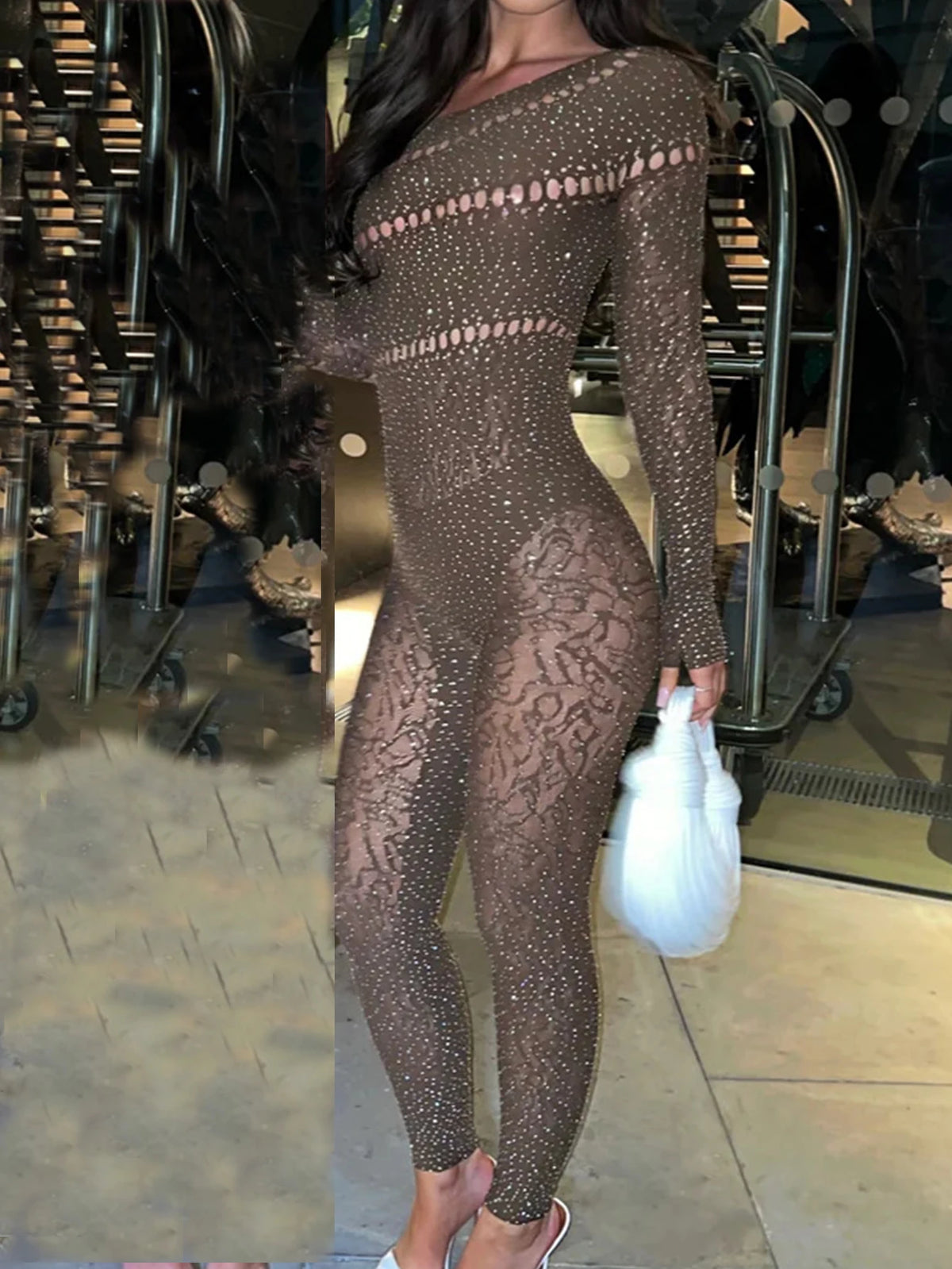 Sexy Long Sleeve Rhinestone Bodycon Jumpsuit Women Body Bodysuit Birthday Party Club Hollow Out Outfits Womens Jumpsuits Overall