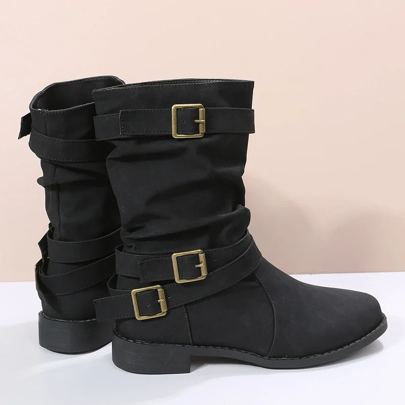 Autumn Winter Ladies Short Boots Belt Buckle Decorated Cowboy Boots Wedge Heel Thick Sole Non-Slip Outdoor Boots Travel