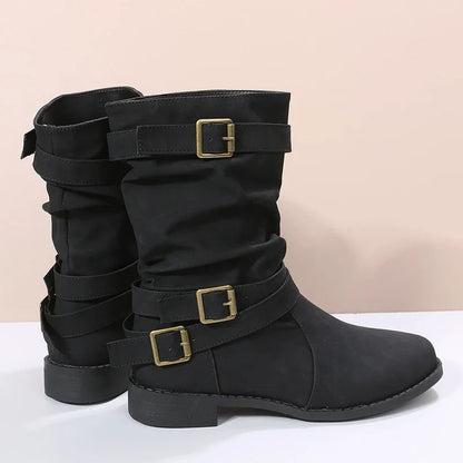Autumn Winter Ladies Short Boots Belt Buckle Decorated Cowboy Boots Wedge Heel Thick Sole Non-Slip Outdoor Boots Travel