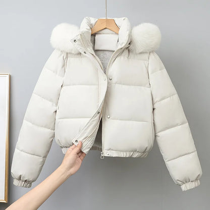 Short Coats Women Parkas Hooded Fur Collar Jackets Thick Warm Y2k Streetwear Elegant Jacket Work Coat Autumn Winter 2025