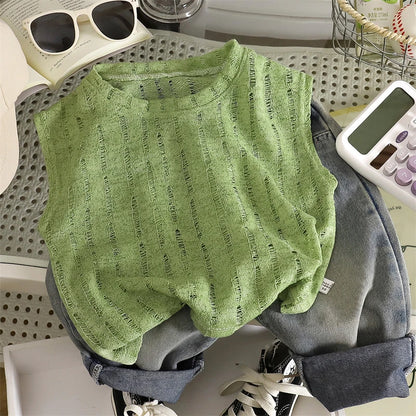 Summer Boys T-shirts Tops For Kids Baby Hollow Knit Vest Tees Children's Clothing Casual Solid Color Breathable Sleeveless Tops