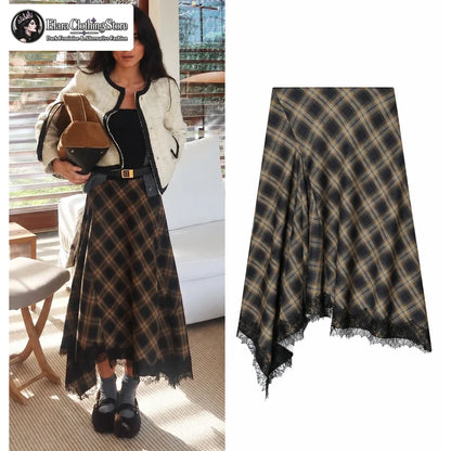 Women's Lace-Trim Asymmetric Plaid Skirt