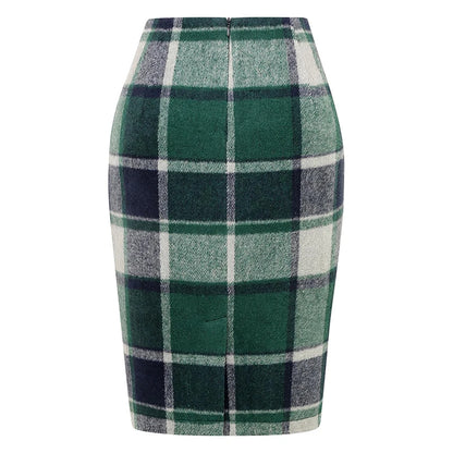Women Tartan Plaid Thick Woolen Pencil Skirt Lined Back Invisible Zipper High Waist Bodycon Midi Skirt For Daily Casual Outings