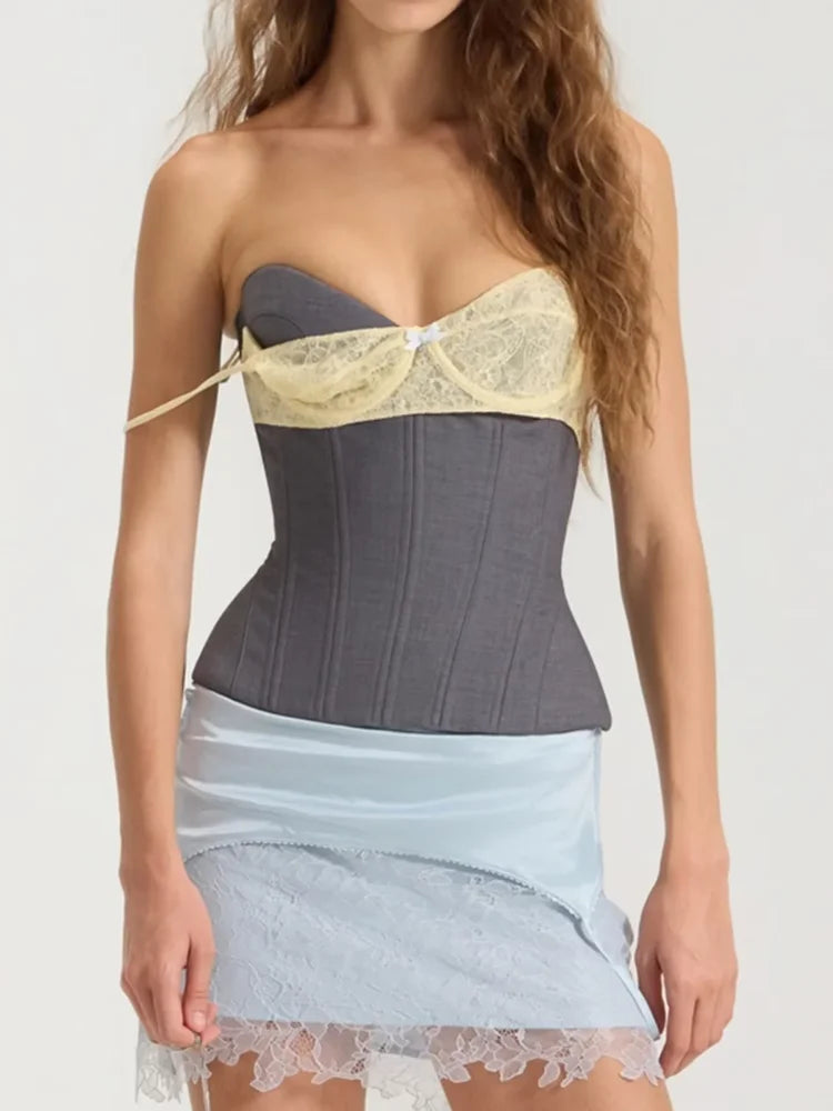 Women Lace Satin Sexy Corset Spaghetti Strap Bustier Sheer Mesh Patchwork Sling Vest Elegant Evening Party Date Outfit 2026