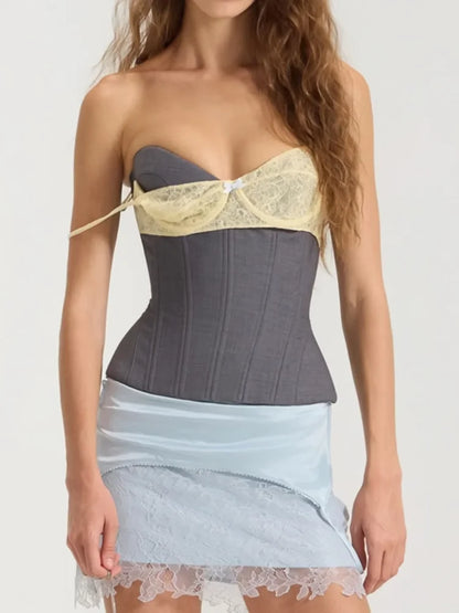 Women Lace Satin Sexy Corset Spaghetti Strap Bustier Sheer Mesh Patchwork Sling Vest Elegant Evening Party Date Outfit 2026