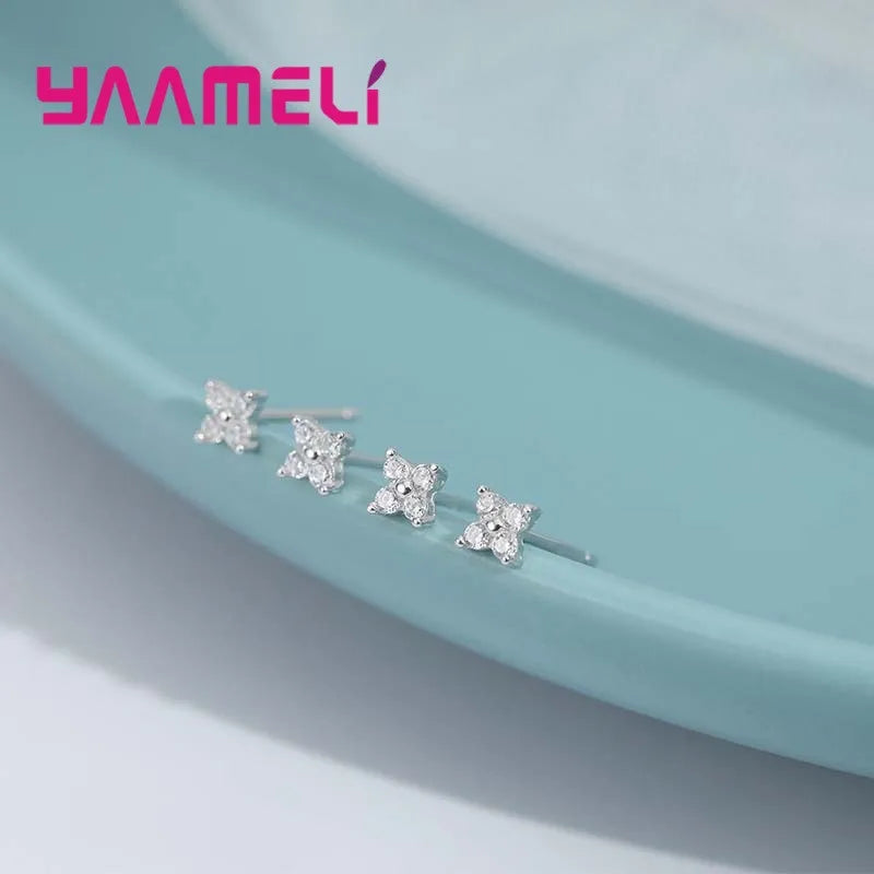 100% Real 925 Sterling Silver Color Clover Stud Earrings Bright Zircon Earrings For Women Girl Fashion Trendy Jewelry