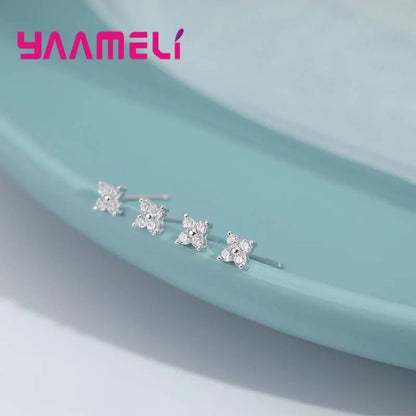 100% Real 925 Sterling Silver Color Clover Stud Earrings Bright Zircon Earrings For Women Girl Fashion Trendy Jewelry