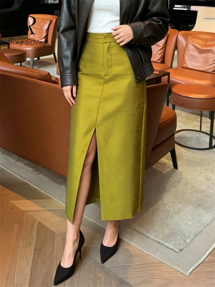 SINGREINY Classy Green Satin Long Straight Skirt Women Slim High Waist Office Lady 2026 Autumn French Chic Sexy Split Mid Skirts