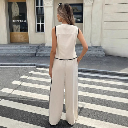 2026 Summer Female Vest Pants Set Solid Sleeveless V-Neck Top High Waist Casual Loose Pant Two-piece Set Office Lady Suit Street