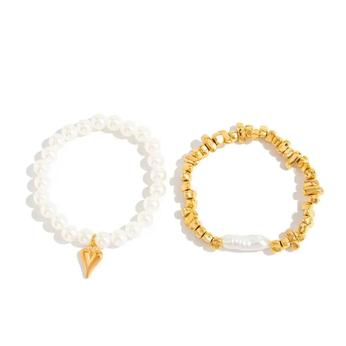 2Pcs/Set Elegant Imitation Pearl Bracelet for Women Bohemian Elastic Rope Chain Bracelet with Heart Pendant Jewelry Gift