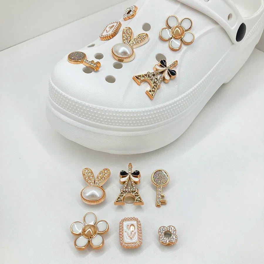 14PCS Sparkling Rhinestone & Faux Pearl Shoe Charms Pins Set, DIY Detachable Decor for CROCS Clogs