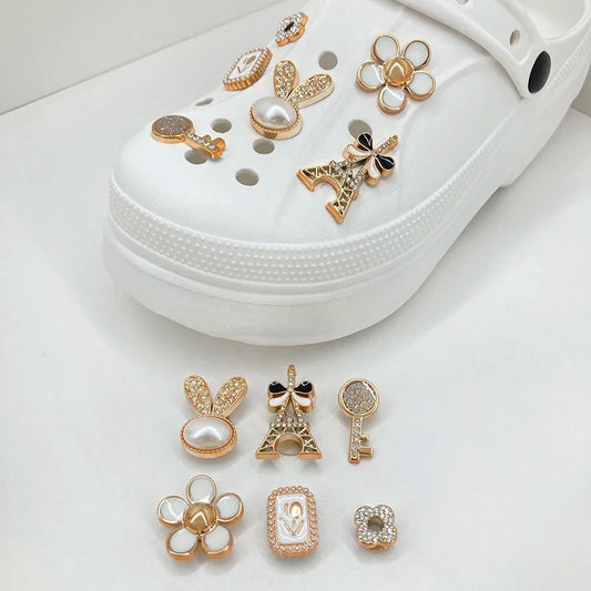 14PCS Sparkling Rhinestone & Faux Pearl Shoe Charms Pins Set, DIY Detachable Decor for CROCS Clogs