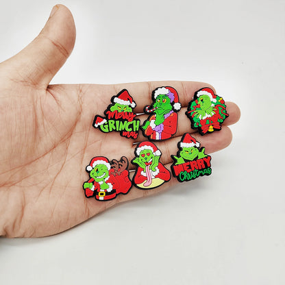 9-22Pcs Christmas Green Cartoon Shoes Charms Cartoon Clog Sandal Garden Shoe Decoration Accessorie Buckles Kids Party Gifts