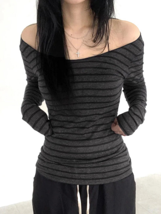 Women's Dark Grey Striped Off-Shoulder Top