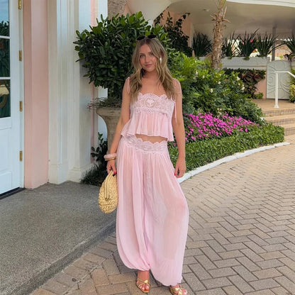 Women Pant Set Sheer Layers Spaghetti Strap Backless Lace Top Straps Solid Loose Straight Elastic Hem Fashion Beach Chic Suits