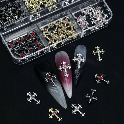 3d cross nail art zircon embedded retro alloy rhinestones Y2K gothic punk metal style nail accessories DIY charm nail decoration